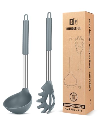 Silicone Pasta Fork and Ladle Spoon Set, Large Non Stick Kitchen Utensils for Cooking,Stirring,Serving Spaghetti, Soup, Sauce (GRAY) - color: Gray