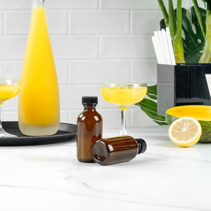Restaurantware Vetri 2 Ounce Boston Glass Bottles, 48 Sample Bottles With Black Phenolic Caps - Dishwashable, Round, Amber Glass Bottle, For Potion, Juice, Ginger Shots, Whiskey, Liquids - color: Amber, size: 2 oz