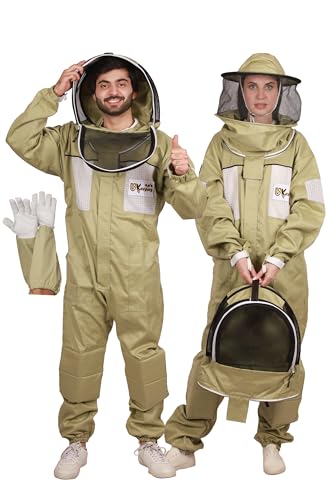 Ultra-Ventilated Polycotton Beekeeping Suit for Men & Women with Gloves & Two Beekeeping Veils-Professional & Beginner Apiarist Suit. (Olive,M) - color: Olive, size: Medium