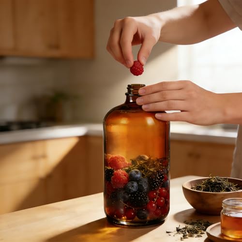 6 Pack 32 oz Amber Glass Bottles with Lids, Boston Round Glass Bottles with Black Caps for Secondary Kombucha Fermentation and Lab Chemicals