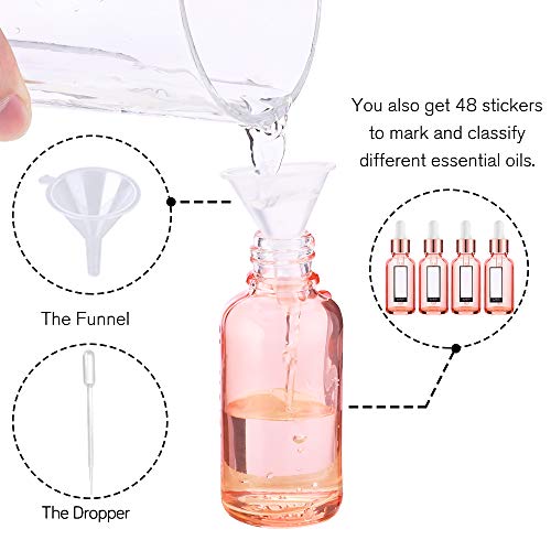 PrettyCare Glass Eye Dropper Bottles 24 Pack, 1oz (30ml) Rose Empty Thick Bottles Bulk with Leakproof Caps - With Labels & Funnels for Storage, Travel, Essential Oils, Cuticle Oils, Tinctures - color: 1oz Rose, style: 24 Pack