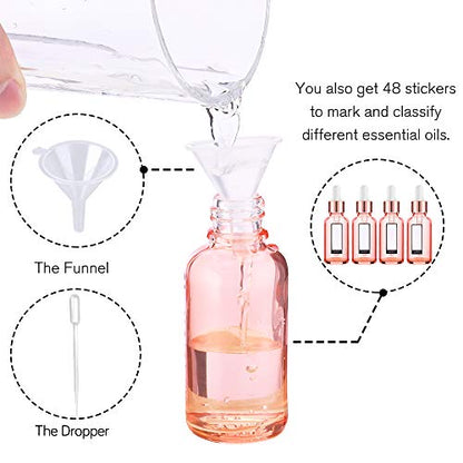 PrettyCare Glass Eye Dropper Bottles 24 Pack, 1oz (30ml) Rose Empty Thick Bottles Bulk with Leakproof Caps - With Labels & Funnels for Storage, Travel, Essential Oils, Cuticle Oils, Tinctures - color: 1oz Rose, style: 24 Pack