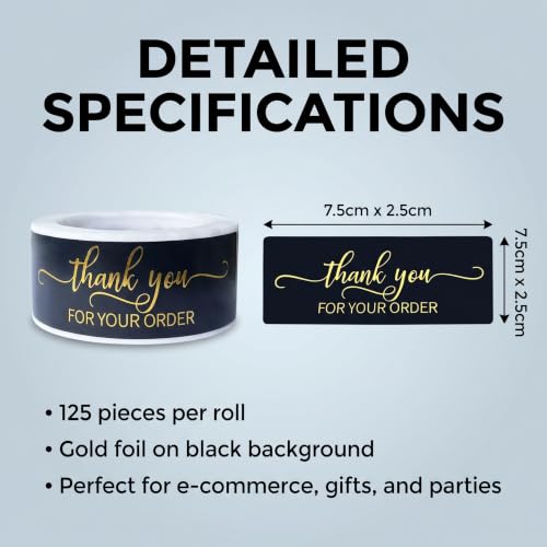 125Pcs Black Gold Foil Thank You for Your Order Labels, Online Shipping Envelopes Packaging Boxes, Party Favors - color: 125pcs- Black Gold Foil Thank You