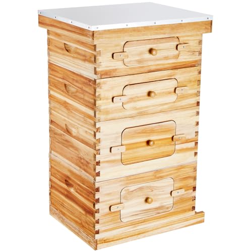 Bee Hive 40 Frame Bee Hives Starter Kit, Beeswax Coated Cedar Wood, 2 Deep + 2 Medium Bee Boxes Langstroth Beehive Kit, Transparent Acrylic Windows with Foundations for Beginners Pro Beekeepers Stur