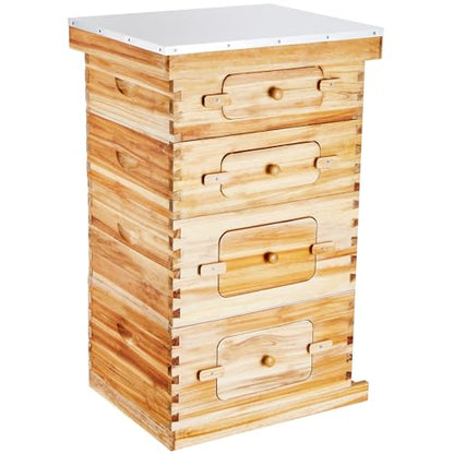 Bee Hive 40 Frame Bee Hives Starter Kit, Beeswax Coated Cedar Wood, 2 Deep + 2 Medium Bee Boxes Langstroth Beehive Kit, Transparent Acrylic Windows with Foundations for Beginners Pro Beekeepers Stur