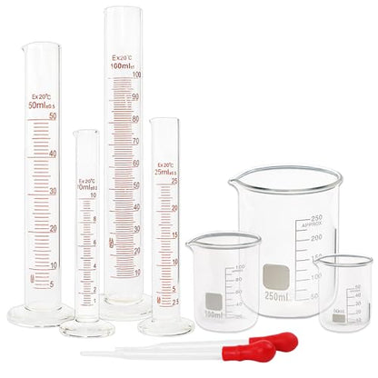SUPERLELE Glass Graduated Cylinder Set 10ml 25ml 50ml 100ml, Thick Glass Beaker Set 50ml 100ml 250ml with 2 Droppers