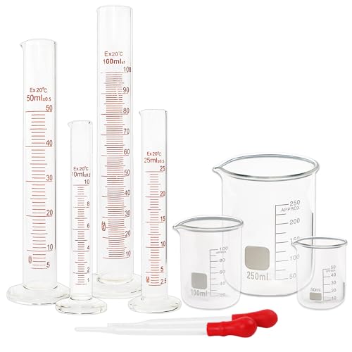 SUPERLELE Glass Graduated Cylinder Set 10ml 25ml 50ml 100ml, Thick Glass Beaker Set 50ml 100ml 250ml with 2 Droppers