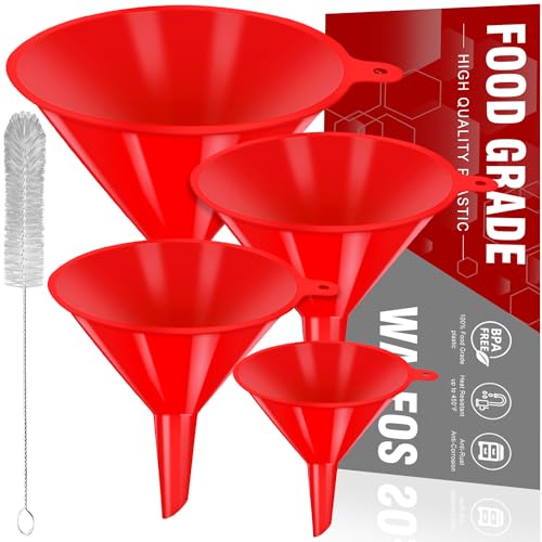 walfos 4pcs Kitchen Plastic Funnel (NO BPA),Automotive Funnel for Liquid Transfer,funnels for Filling Bottles, containers or Kitchen funnels for Laboratory use. red（4.7in&3.7in&2.7in&2in - color: 4pcs red plastic funnels
