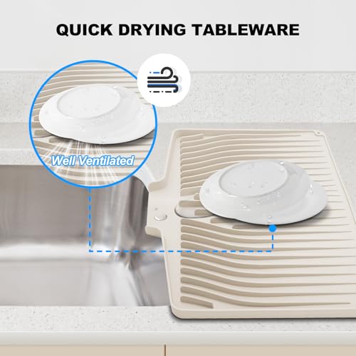 Silicone Dish Drying Mat for Kitchen Countertops and Sinks,19 x13.7 Inch Non Slip Heat Resistant Mat with Built In Drainage System,For Refrigerator and Drawer Liners (Creamy-white, 19 x13.7 Inch) - color: Creamy-white
