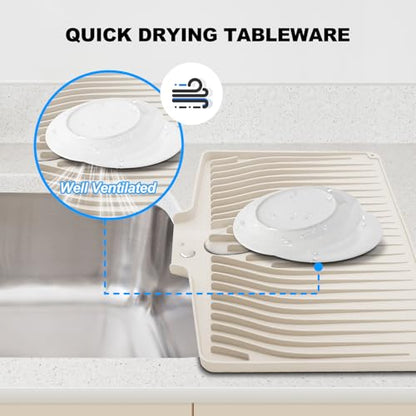 Silicone Dish Drying Mat for Kitchen Countertops and Sinks,19 x13.7 Inch Non Slip Heat Resistant Mat with Built In Drainage System,For Refrigerator and Drawer Liners (Creamy-white, 19 x13.7 Inch) - color: Creamy-white