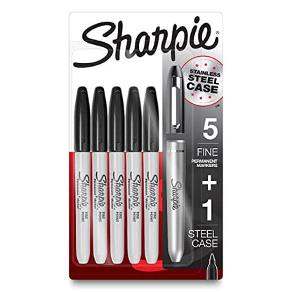 Sharpie Permanent Markers with Stainless Steel Marker Case Fine Point Black 6 Count - size: 6 Count (Pack of 1)