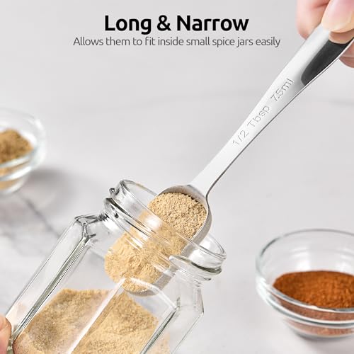U-Taste Narrow Square Measuring Spoons: 18/8 Stainless Steel Kitchen Measure Teaspoon Tablespoon with Leveler, Polygon Rectangular Metal Jar Scoop for Baking Cooking, Coffee, Spice, Powder (Set of 8) - size: 7 Spoons+1 Leveler