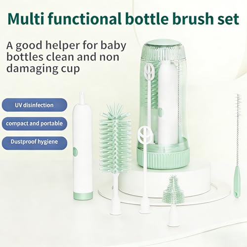 Portable Electric Silicone Bottle Brush Set, 7-in-1 UV Light USB Charging, Nipple/Straw Cleaner, Milk Mixer, Built-in Drying Rack & Storage Case, BPA-Free, IPX7, On-the-Go for New Parents - color: Mint