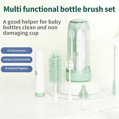 Portable Electric Silicone Bottle Brush Set, 7-in-1 UV Light USB Charging, Nipple/Straw Cleaner, Milk Mixer, Built-in Drying Rack & Storage Case, BPA-Free, IPX7, On-the-Go for New Parents - color: Mint