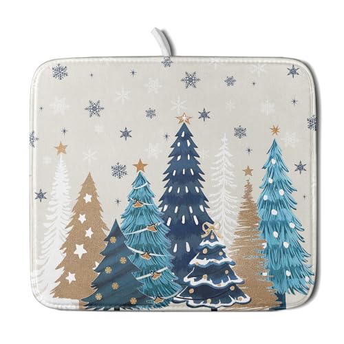 Christmas Tree Dish Drying Mat for Kitchen Counter 18x16 Inch Xmas Snowflake Drying Mat with Absorbent Reversible Microfiber House Blue Trees Dish Drainer Mats Rack Pad for Coffee Countertop Protector - color: Blue Tree, size: 18" x 16"