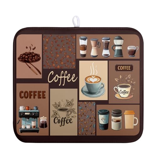 Coffee Theme Dish Drying Mats for Kitchen Counter Absorbent Microfiber Dish Drainer Mats Brown Pattern Coffee Bar Mat for Countertop Washable Dishes Drying Pad 16x18 Inch - color: Coffee, size: 16" x 18"