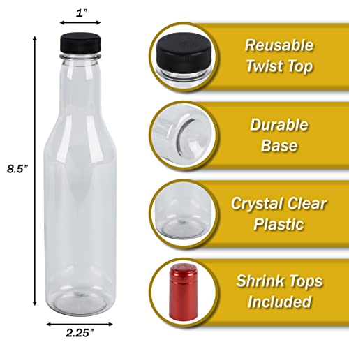 Pellah PET Plastic Bottles and caps,12 Oz 375 ml, 12 Sets, With Screw Closures Lids And Heat Shrink Seals, For Hot Sauce Wine Alcohol Juice (Red Shrinks) - color: Red Shrinks
