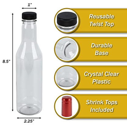 Pellah PET Plastic Bottles and caps,12 Oz 375 ml, 12 Sets, With Screw Closures Lids And Heat Shrink Seals, For Hot Sauce Wine Alcohol Juice (Red Shrinks) - color: Red Shrinks