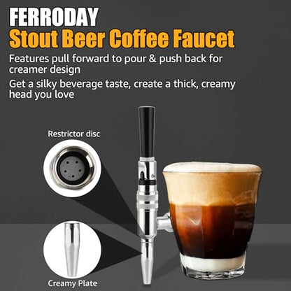 Ferroday Stout Beer Coffee Faucet, All 304 Stainless Steel Nitrogen Coffee Faucet, Homebrew Nitrogen Beer Keg Tap Stout Tap Kegerator Tap with Creamy Plate, Restrictor disc, Plastic Beer Tap Handle