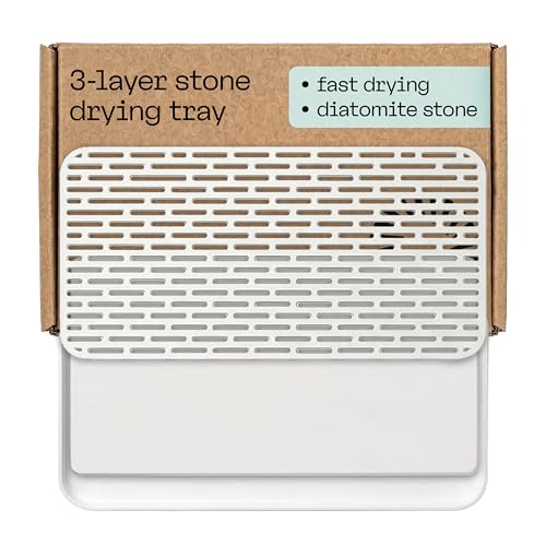 Deepstone 3-Layer Stone Dish Drying Mat for Kitchen Counter - Diatomaceous Earth Quick Dry Mat with Removable Plastic Topper and Non-Slip Base Pad, 16 x 9 in (White)