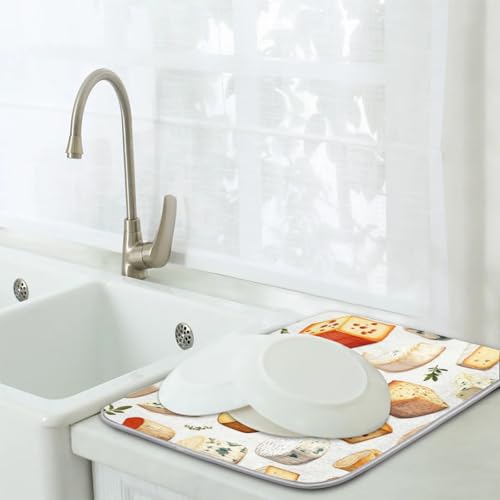 Cheese Print Dish Drying Mat for Kitchen Counter Cheeses Slices Absorbent Drainer Mats Microfiber Dish Dry Pad Washable Coffee Bar Decor 16x18 Inch - size: 16" x 18"