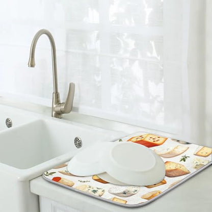 Cheese Print Dish Drying Mat for Kitchen Counter Cheeses Slices Absorbent Drainer Mats Microfiber Dish Dry Pad Washable Coffee Bar Decor 16x18 Inch - size: 16" x 18"