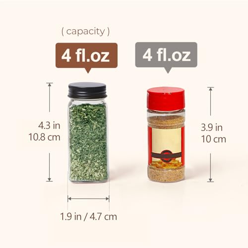 ComSaf Glass Spice Jars with with Labels 4 oz 24 Pack Small Square Bulk Set | Empty Containers, Seasoning Herb Powder, Salt Pepper Chili, Spice Rack Organization, Kitchen Cabinet Storage, Funnel Included - color: Metal Black Lids