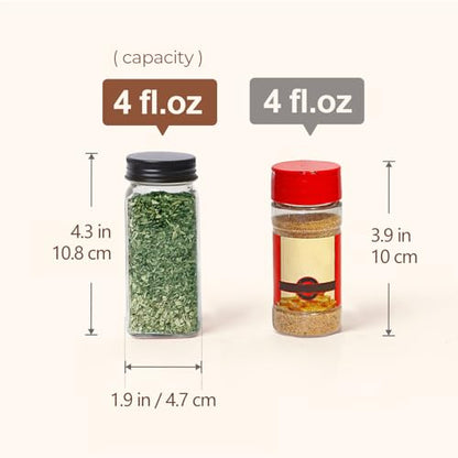 ComSaf Glass Spice Jars with with Labels 4 oz 24 Pack Small Square Bulk Set | Empty Containers, Seasoning Herb Powder, Salt Pepper Chili, Spice Rack Organization, Kitchen Cabinet Storage, Funnel Included - color: Metal Black Lids