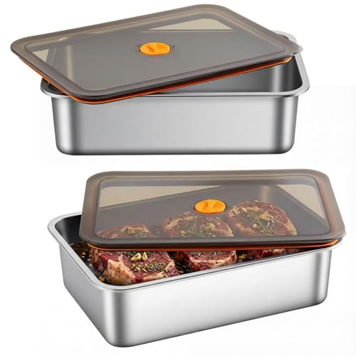 Reallnaive 2 Pcs Stainless Steel Marinade Containers with Lid, 5.6 Qt Metal Meat Brining Containers, Brining Prepstorage Box Dishwasher Safe Bpa Free for BBQ Tailgates Storage - size: 5.6 Qt