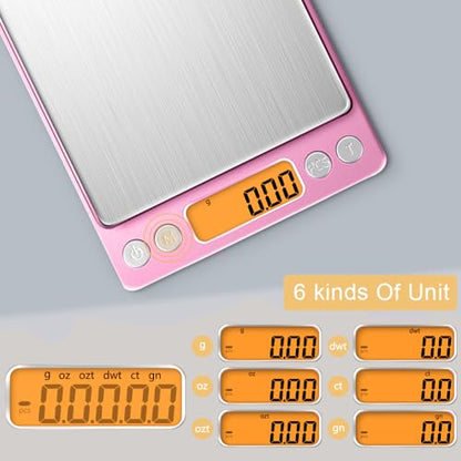 0.01g High Precision Kitchen Food Scale, Diyife 500g Portable Digital Scale with LCD Display, Tare, Multifunctional Gram Scale Weight for Cooking, Baking, Jewelry, 2 Tray, Batteries Included, Pink - color: Pink