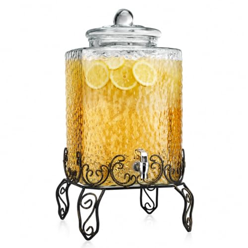 5 GALLON Drink dispenser, Glass Beverage Dispenser With Elegant Stand, Large Water Drink Dispensers for Parties With 100% Leak Proof Spigot, Ideal for Lemonade,Juice, Tea, and Party Drinks - color: Clear-5 Gallon&Stand