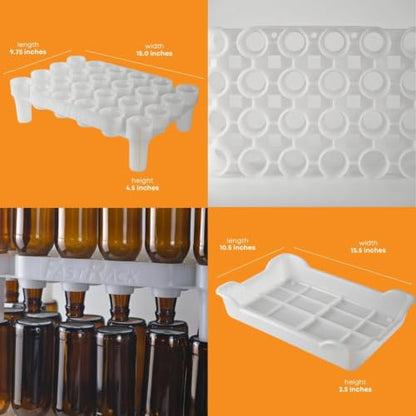 FastRack Complete Bottle Prep Kit | (2) Stackable Beer Bottle Drying Racks, (1) Drip Tray & (144) Black Crown Caps | Storage Tree Alternative for Homebrewing & Wine Making