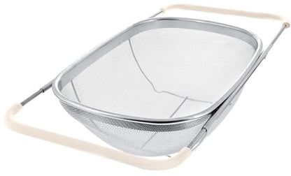 AJIODA Over The Sink Colander, 6 Quarts Stainless Steel Oval Colander with Expandable Rubber Grip Handle, Fine Mesh Strainer Baskets Kitchen Colanders for Strain, Drain, Rinse Vegetable, Fruits, Beige - color: Beige, size: Large