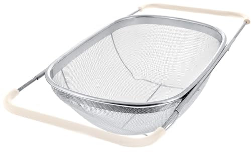 AJIODA Over The Sink Colander, 6 Quarts Stainless Steel Oval Colander with Expandable Rubber Grip Handle, Fine Mesh Strainer Baskets Kitchen Colanders for Strain, Drain, Rinse Vegetable, Fruits, Beige - color: Beige, size: Large
