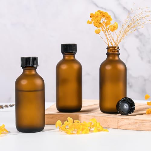 Small Glass Bottles with Lids Boston Round Shot Bottles for Health, Immunity, Ginger Juice, Essential Oils, Potion - Leak Proof Mini Travel Containers (Amber Frosted, 2oz-24Pack) - color: Amber Frosted, size: 2oz-24Pack