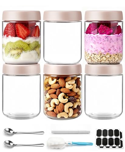 6 pack 16 oz Overnight Oats Containers with Lids and Spoons Glass Jars with Airtight Lids: Wide Mouth Mason Salad Jars, Leakproof and Reusable Glass Food Storage Container for Yogurt Snacks Spice - color: Beige, size: 16oz, 6Pack