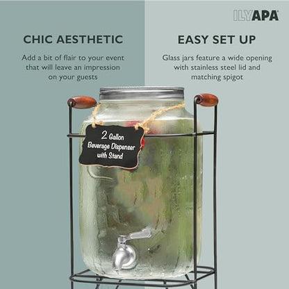 Ilyapa 2 Gallon Glass Beverage Dispenser, Metal Base, Stainless Steel Spigot & Hanging Chalkboard - for Lemonade, Tea, Cold Water & More - size: 2 Gallon with Black Stand