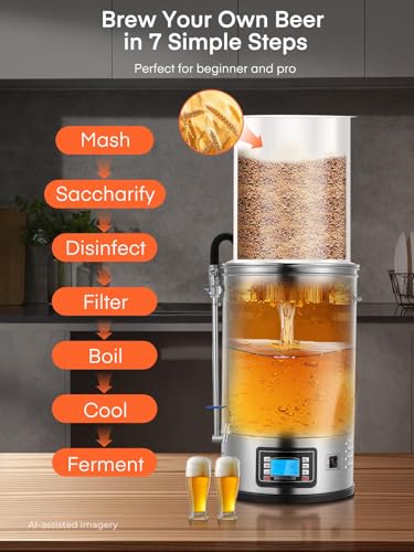 FOHERE All-in-One Electric Brewing System (9.2 Gal/35L), Stainless Steel Home Beer Brewer, Mash & Boil Pot with 7-Step Programmable & 10 Recipe Memory