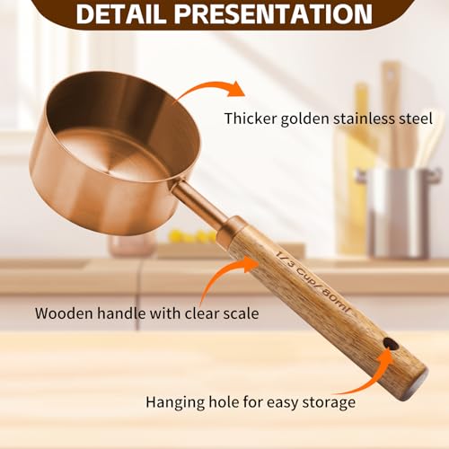 Copper Stainless Steel Measuring Cups and Spoons Set,8 Piece Measuring Cup Set with Wooden Handle and Metric and US Measurements，Copper Polished Finish，for Cooking and Baking in The Kitchen - color: Copper