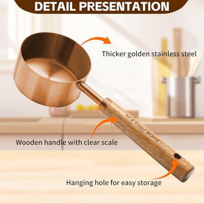 Copper Stainless Steel Measuring Cups and Spoons Set,8 Piece Measuring Cup Set with Wooden Handle and Metric and US Measurements，Copper Polished Finish，for Cooking and Baking in The Kitchen - color: Copper