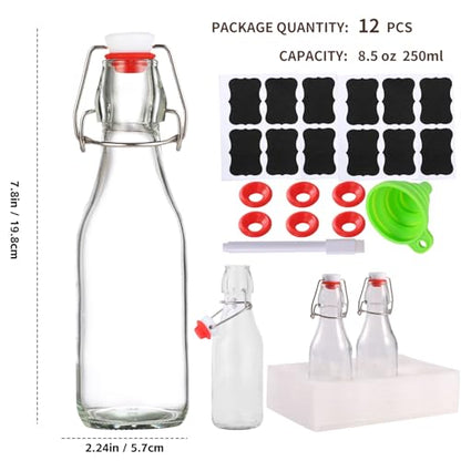 12 Pack 8.5oz Flip Top Glass Bottles,8.5oz swing top glass bottles with airtight lids for Home Brewing,2nd Fermentation,Kombucha,Kefir,Vanilla Extract,Juice,Tea,Beverages,Soda,Oils,Vinegar,Limoncello