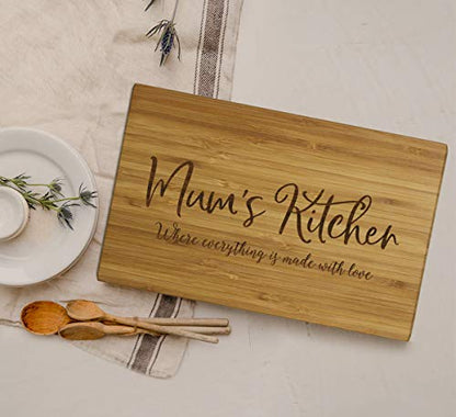 Andaz Press Large Bamboo Wood Cutting Board Gift, 17.75 x 11-inch, Mum's Kitchen Where Everything is Made With Love, 1-Pack, Engraved Serving Chopping Board Christmas Birthday Chef Kitchen Ideas - color: Mum