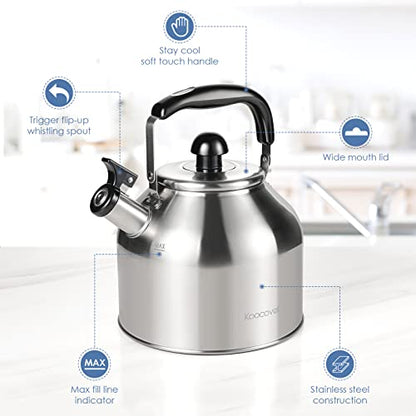 4.2 Quart/4L Large Whistling Tea Kettle, 304 Stainless Steel Brushed Satin, Fast Boil for Induction & Gas Stoves - size: 4.2 Quarts