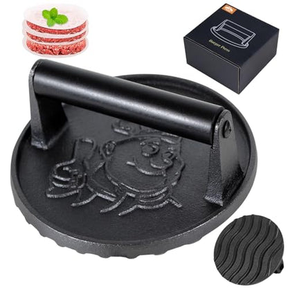 COOKWIN 6" Cast Iron Smashed Burger Press Kit, Heavy-Duty Hamburger Smasher with Non-Slip Handles and 50 pcs Patty Paper, Bacon Meat Weight Press for Steak, Smashburger, Grill and BBQs - color: 6 inch Black