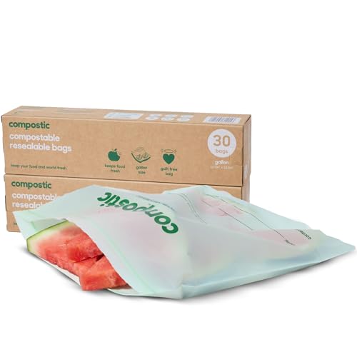Compostic Compostable Gallon Bags (60 Count) Starter Pack — Resealable Zip-Seal, Plant-Based, Home Compostable, Freezer Safe, BPA-Free, Non-Toxic, GMO-Free Food Storage Bags - size: 60 Count, style: Gallon