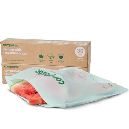 Compostic Compostable Gallon Bags (60 Count) Starter Pack — Resealable Zip-Seal, Plant-Based, Home Compostable, Freezer Safe, BPA-Free, Non-Toxic, GMO-Free Food Storage Bags - size: 60 Count, style: Gallon
