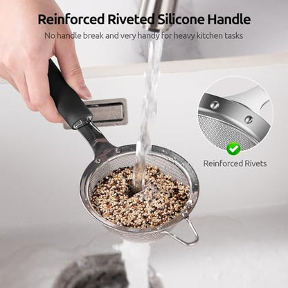 U-Taste Small Fine Mesh Strainer: 18/8 Stainless Steel 3.35in 30 Mesh Kitchen Food Sieve with Sturdy Riveted Silicone Handle, Heavy Duty Deep Handheld Metal Colander for Tea, Juice (Black) - color: (2) Black, size: S-3.35in