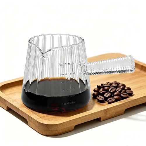 FANTESTICRYAN 6OZ Measuring Cup, Ribbed Borosilicate Glass Espresso Cup, V-Shaped Spout Drain Espresso Double Shots, Coffee Milk Tea Accessories (Clear, Glass Handle) - style: Clear Class