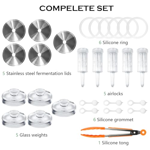 Artcome 28 Pcs Fermentation Kit-5 Stainless Steel Fermentation Lids, 5 Glass Weights, 5 Airlocks, 6 Silicone Rings, 6 Silicone Grommet, 1 Silicone Tong for Wide Mouth Mason Jar(Jars Not Included)