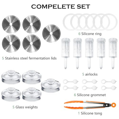 Artcome 28 Pcs Fermentation Kit-5 Stainless Steel Fermentation Lids, 5 Glass Weights, 5 Airlocks, 6 Silicone Rings, 6 Silicone Grommet, 1 Silicone Tong for Wide Mouth Mason Jar(Jars Not Included)